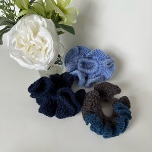 Crochet Scrunchies Handmade. Blue and gray combination colors.